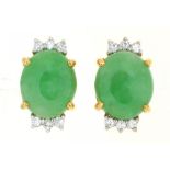 A PAIR OF GREEN JADE AND DIAMOND STUD EARRINGS, SET IN GOLD, 8.5G++IN GOOD CONDITION WITH WEAR