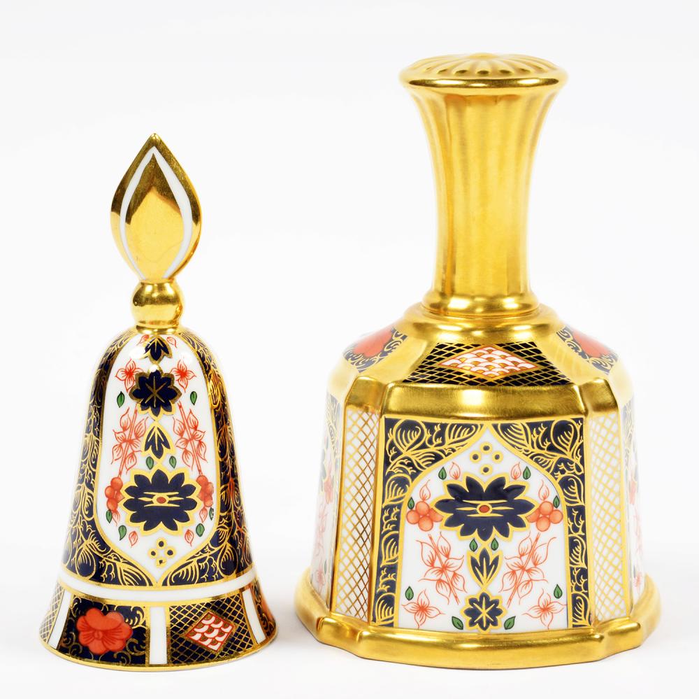 TWO ROYAL CROWN DERBY IMARI PATTERN BELLS, 12 AND 13CM H, PRINTED MARKS