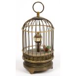 A REPRODUCTION MINIATURE BRASS SINGING BIRD-IN-A-CAGE CLOCK, 15CM H, 20TH C