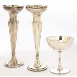 A PAIR OF GEORGE V SILVER VASES, 20 CM H, CHESTER 1918, LOADED AND A VICTORIAN SILVER GOBLET, 10