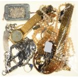 A QUANTITY OF JEWELLERY, INCLUDING A JAPANESE DAMASCENED BRACELET, A SEKONDA GOLD PLATED WRISTWATCH,