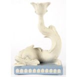 A WEDGWOOD BLUE AND WHITE JASPER WARE DOLPHIN CANDLESTICK, 24CM H, IMPRESSED AND GILT PRINTED MARKS,