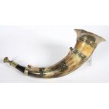 AN EPNS MOUNTED HUNTING HORN, APPLIED WITH METAL RELIEFS OF BOWMAN AND DEER, 35CM L, C1900