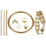 A GOLD SLAVE BANGLE MARKED 9CT, A 9CT GOLD GATE BRACELET, A 9CT GOLD CURB CHAIN, A 9CT GOLD SIGNET