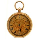 A SWISS ENGRAVED GOLD CYLINDER LADY'S WATCH, MARKED 14K, 30G++IN GOOD CONDITION WITH LIGHT WEAR