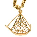 AN 18CT GOLD FILIGREE SHIP PENDANT ON A 9CT GOLD BELCHER LINK CHAIN, 48CM LONG, 12G++IN GOOD