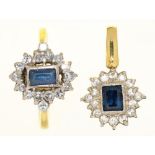 A STEP CUT SAPPHIRE AND DIAMOND PENDANT IN 18CT GOLD, AND A SIMILAR RING, 5.5G, SIZE K++IN GOOD