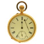 A SWISS GOLD KEYLESS WATCH, MARKED 18K, BASE METAL CUVETTE ENGRAVED WITH MONOGRAM AND DATE 24.6.