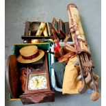 ELEVEN HICKORY HANDED GOLF CLUBS AND HUNTING GILLET, FRAMED POT LIDS, ETC