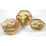 AN HEXAGONAL JAPANESE SATSUMA BOX AND COVER, BOWL AND SAUCER, MEIJI PERIOD, BOX 11CM L, PRINTED