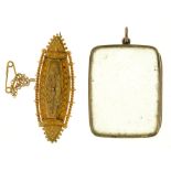 A VICTORIAN 15 CT GOLD FILIGREE LOCKET BACK BROOCH, 6.5G AND AN OBLONG GOLD RIMMED LOCKET, 14G++IN