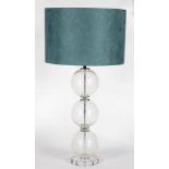 A MODERNIST GLASS AND CHROMIUM PLATED THREE SPHERE TABLE LAMP, 50CM H