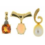 THREE PENDANTS COMPRISING AN OPAL CABOCHON PENDANT OF APPROX. 1.25 CT, IN GOLD MARKED 585, A DIAMOND