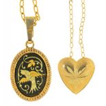 A GOLD HEART PENDANT ON GOLD CHAIN AND A GOLD PLATED PENDANT ON GOLD PLATED CHAIN, 4.5G++LIGHT