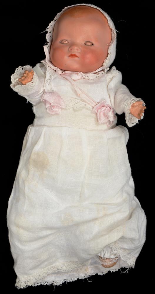 AN ARMAND MARSEILLE BISQUE HEADED DREAM BABY DOLL, PADDED BODY, 27CM H, EARLY 20TH C