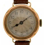 A 9CT GOLD LADY'S WRISTWATCH, LEATHER STRAP, 17G++CROWN MISSING, WEAR CONSISTENT WITH AGE