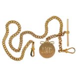 A 9CT GOLD ALBERT, LINKS INDIVIDUALLY MARKED, WITH T-BAR AND MONOGRAMMED MEDALLION, INSCRIBED TO