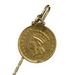 GOLD COIN. USA DOLLAR 1862, IN GOLD PIN MOUNT. 2.4G++LIGHT WEAR CONSISTENT WITH AGE