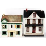 TWO WOODEN DOLLS HOUSES, ONE 55CM H; 46 X 24CM, THE OTHER 44CM H; 43 X 27CM
