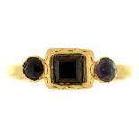 A GEORGIAN GARNET AND AMETHYST RING, CLOSED BACK SETTINGS, IN GOLD, 2G, SIZE O++LIGHT WEAR