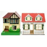 TWO WOODEN DOLLS HOUSES, ONE BEING 42CM H; 46 X 27CM, THE OTHER 42CM H; 35 X 27CM