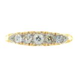 A VICTORIAN FIVE STONE DIAMOND RING, OLD CUT DIAMONDS APPROX 0.3CT, IN GOLD MARKED 18CT, 3.5G,