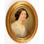 ENGLISH SCHOOL, MID 19TH C, PORTRAIT OF A LADY, OIL ON ARTIST'S BOARD, OVAL, 17 X 12CM