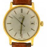 AN OMEGA GENEVE GOLD PLATED SELF-WINDING GENTLEMAN'S WRISTWATCH, CIRCULAR DIAL APPROX. 31MM, LEATHER