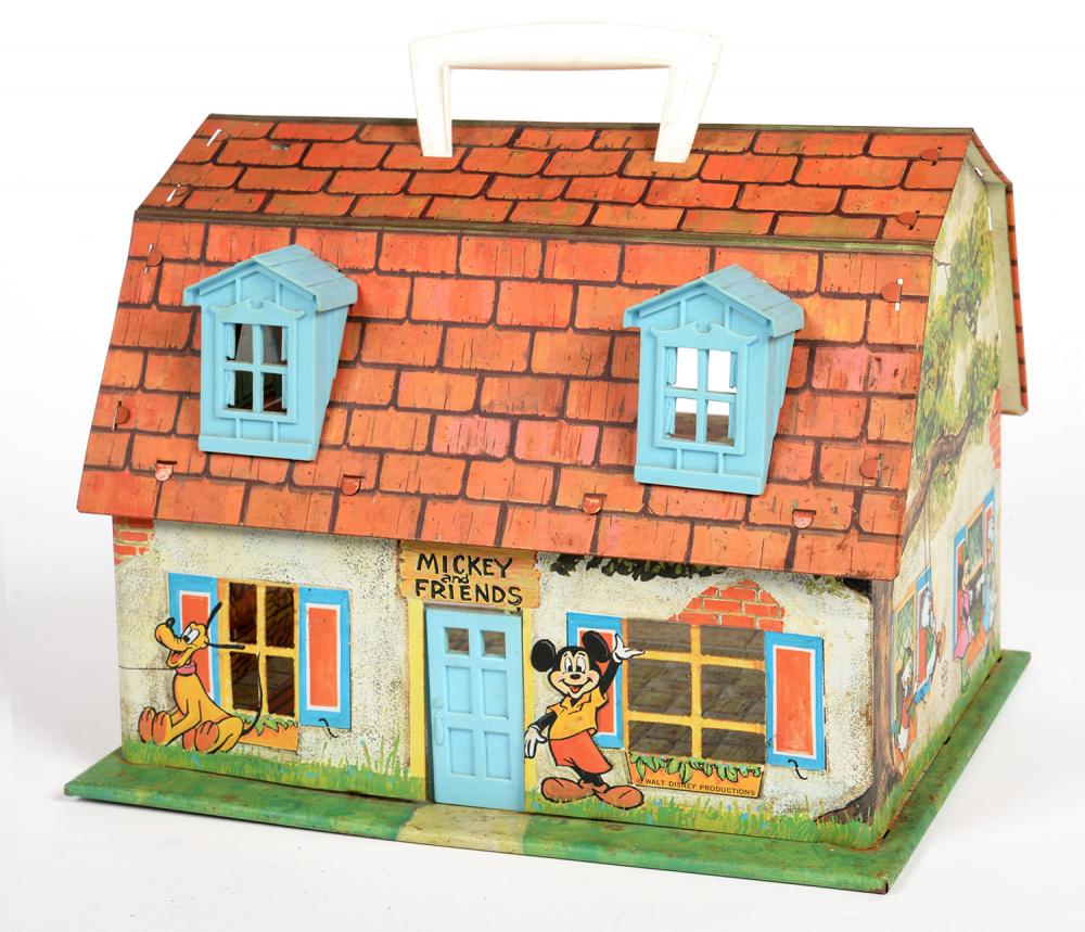 A MARX TOYS TINPLATE AND PLASTIC MICKEY MOUSE DOLLS HOUSE, 30CM L, C1960'S
