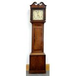 A 19TH C OAK AND MAHOGANY THIRTY HOUR LONGCASE CLOCK WITH SWAN NECK PEDIMENT, THE PAINTED DIAL