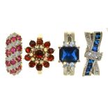 FOUR RINGS COMPRISING A DIAMOND AND GARNET RING IN 9CT GOLD, AN OPAL AND GARNET RING IN 9CT GOLD AND