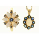 AN OPAL AND SAPPHIRE PENDANT IN 9CT GOLD, ON GOLD CHAIN, AND AN OPAL AND SAPPHIRE RING IN 14CT GOLD,