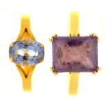 TWO RINGS COMPRISING A PALE BLUE SAPPHIRE RING, IN GOLD, SIZE L AND A SYNTHETIC COLOUR CHANGE