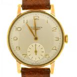 A LONGINES 9CT GOLD GENTLEMAN'S WRISTWATCH, CIRCULAR DIAL APPROX. 30 MM, LEATHER STRAP, GUARANTEE