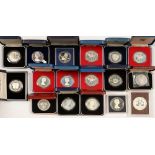 SEVENTEEN UNITED KINGDOM AND BRITISH COMMONWEALTH PROOF COMMEMORATIVE SILVER CROWNS, CASES / BOX