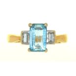 A STEP CUT AQUAMARINE AND DIAMOND RING, IN 18CT GOLD, 4G, SIZE J++ABRASIONS TO AQUAMARINE VISIBLE