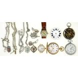 MISCELLANEOUS WATCHES AND SILVER ALBERTS, TO INCLUDE A WALTHAM 7 JEWELS LADY'S WRISTWATCH, 28 MM