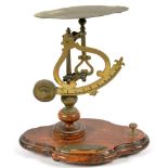 A VICTORIAN STYLE BRASS PENDULUM SCALE ON WOOD BASE, 26.5CM H