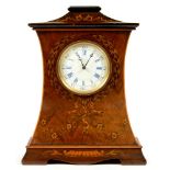 AN EDWARDIAN INLAID AND PENWORK DECORATED MAHOGANY MANTEL TIMEPIECE, THE FRENCH MOVEMENT WITH ENAMEL