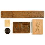 TREEN. AN 18TH C DOUBLE SIDED CARVED WOOD GINGERBREAD MOULD AND FOUR OTHER WOODEN MOULDS,