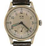 GERMAN MILITARY KM ALPINA 592 WRISTWATCH, NUMBERED 321219, CIRCULAR 2.6 CM DIAL, LEATHER STRAP++IN