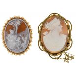 SHELL CAMEO BROOCH OF DIANA, IN GILT BRASS MOUNT, 6.5 X 4.5 CM, AND ANOTHER GOLD PLATED CAMEO