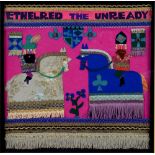 ALASDAIR ANDERSON, ETHEL THE RED THE UNREADY, FABRIC COLLAGE, 44 X 44CM AND JUDITH ELWIS, HIPPOS,