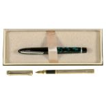 A SILVER FOUNTAIN PEN AND AN AUTOGRAPH GREEN MARBLED ROLLER BALL PEN, BOXED