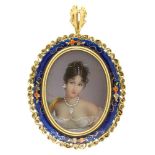 PORTRAIT MINIATURE BROOCH PENDANT WITH ENAMEL SURROUND, IN 18CT GOLD, 5.2 CM LONG INCLUDING BALE,