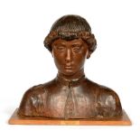 A PAINTED POTTERY REPLICA OF A BUST OF A YOUTH, BY ANDREA DEL VERROCCHIO, WOOD BASE, 40CM H, IN