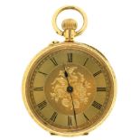 A FOLIATE ENGRAVED GOLD LADY'S WATCH, MARKED 18K, NO 45643, 35G++IN GOOD CONDITION, WITH LIGHT