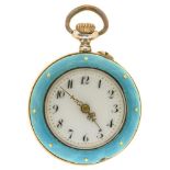 A SWISS 9CT GOLD LADY'S POCKET WATCH, TURQUOISE ENALLED CASE WITH GOLD STAR MOTIFS, 2.8 CM DIAMETER,