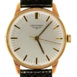 A LONGINES 9CT GOLD GENTLEMAN'S WRISTWATCH, CIRCULAR 3 CM DIAL LEATHER STRAP, IN SOLVIL ET TITUS