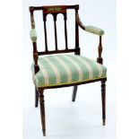 A VICTORIAN CARVED INLAID AND GILTMETAL MOUNTED MAHOGANY ELBOW CHAIR AND THREE OTHERS